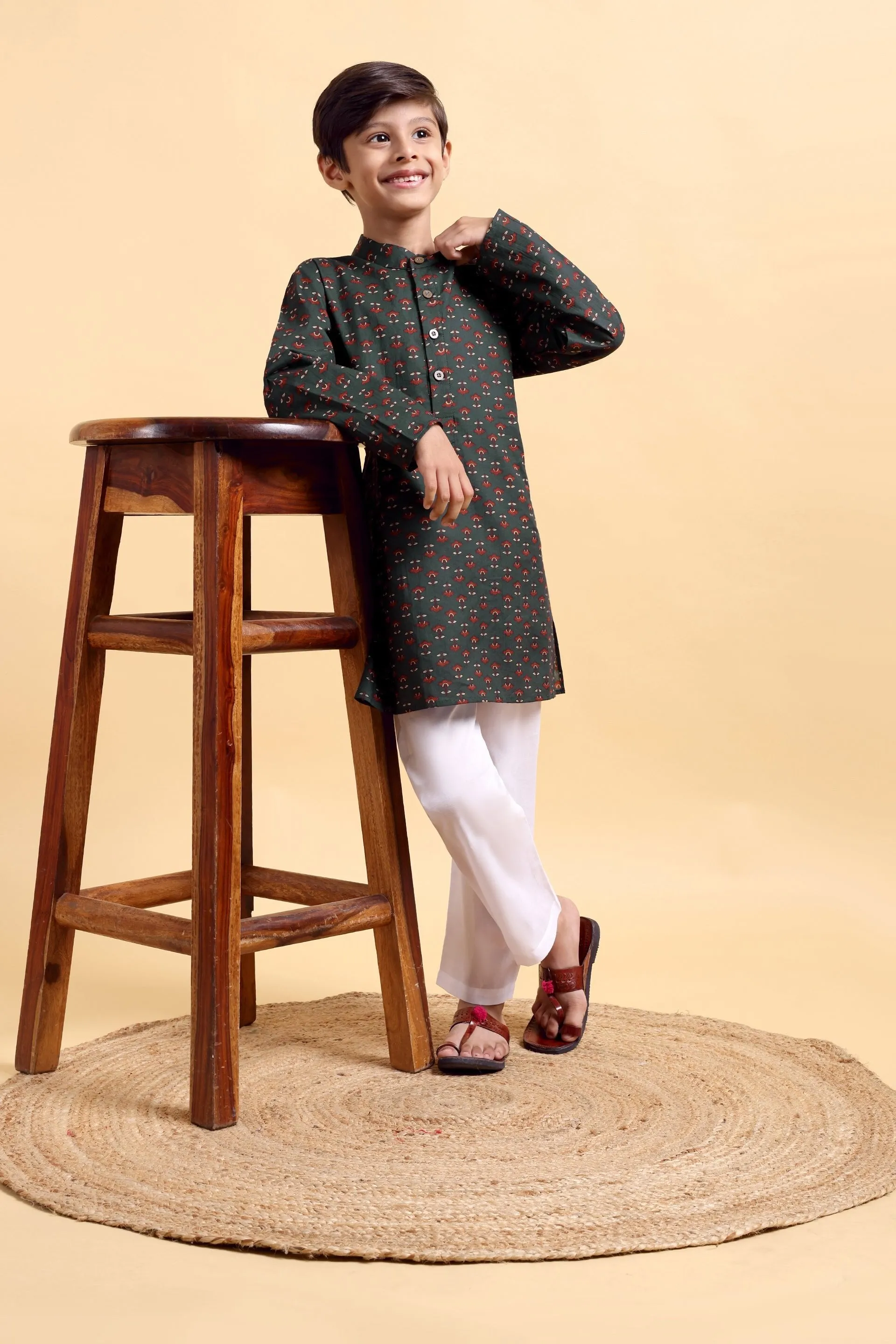Boys Ajrak Bottle Green Print Cotton Kurta & Pajama
