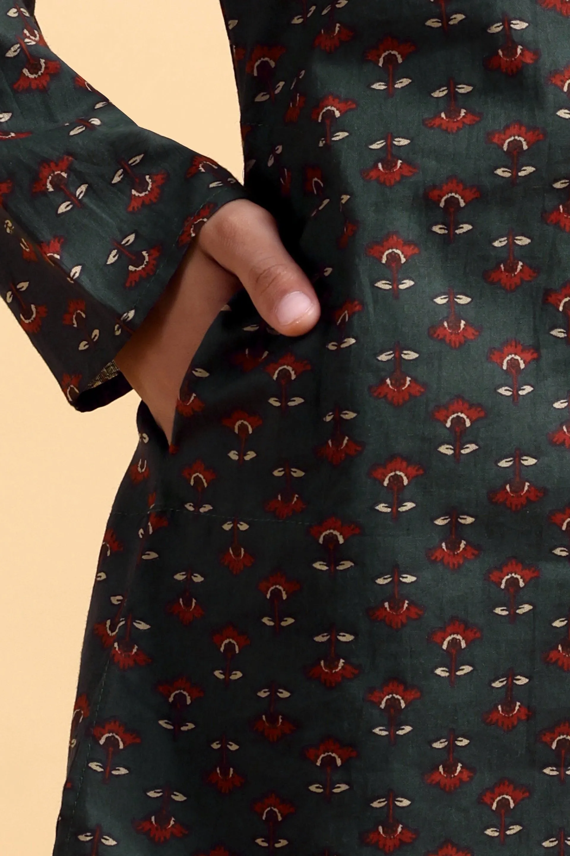 Boys Ajrak Bottle Green Print Cotton Kurta & Pajama