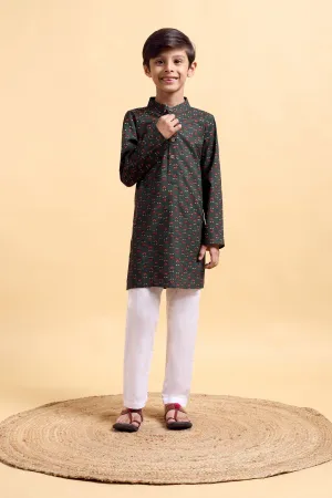 Boys Ajrak Bottle Green Print Cotton Kurta & Pajama