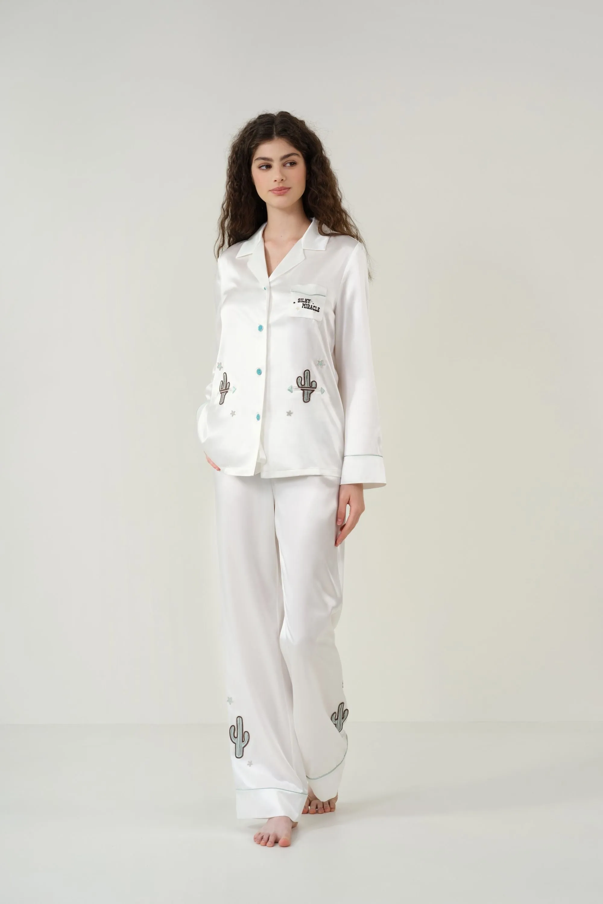 Cactus Embroidered Silk Pyjama Set