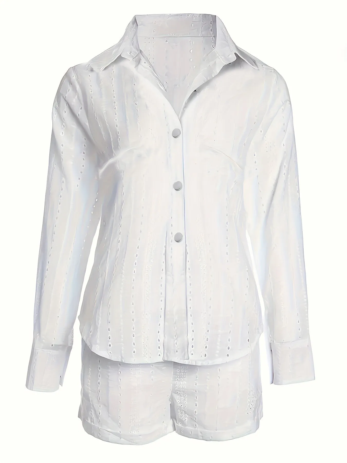 Chic Solid Eyelet Womens Shorts Set - Button-Up Collared Shirt & Roll-Up Hem Shorts Outfit - Casual, Versatile, & Stylish Clothing for Everyday Wear
