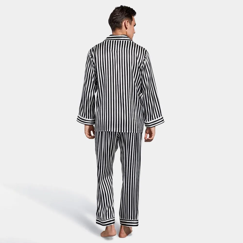 Classic 100% Mulberry Black And White Stripe  Mens Striped Long Silk Pajama Set for Men