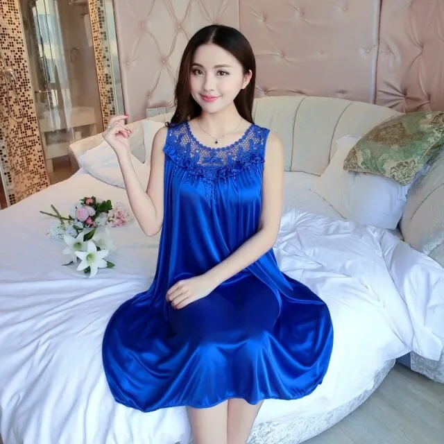 deanwangkt Women Soft Nightgowns Sexy Nightwear Lace Patchwork Long Sleepwear Lingerie Nighty Wedding Silk Dress Sleep Wear Nightdress