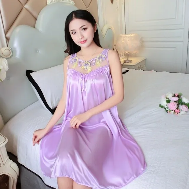 deanwangkt Women Soft Nightgowns Sexy Nightwear Lace Patchwork Long Sleepwear Lingerie Nighty Wedding Silk Dress Sleep Wear Nightdress