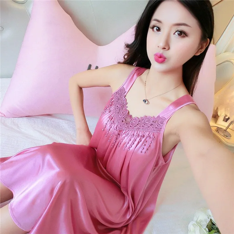 deanwangkt Women Soft Nightgowns Sexy Nightwear Lace Patchwork Long Sleepwear Lingerie Nighty Wedding Silk Dress Sleep Wear Nightdress