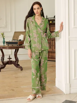 Elegant Pink Green Oriental Pajama Set with Asymmetrical Collar