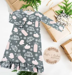 Girls Christmas Night Gowns - Grey with Pink Mittens