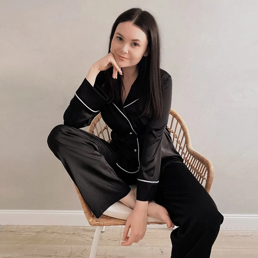 Hiloc Turn Down Collar Trouser Suits Silk Pajamas For Women Sleepwear Elegant Home Pajama Sets Womens Outfits Satin Nightgowns