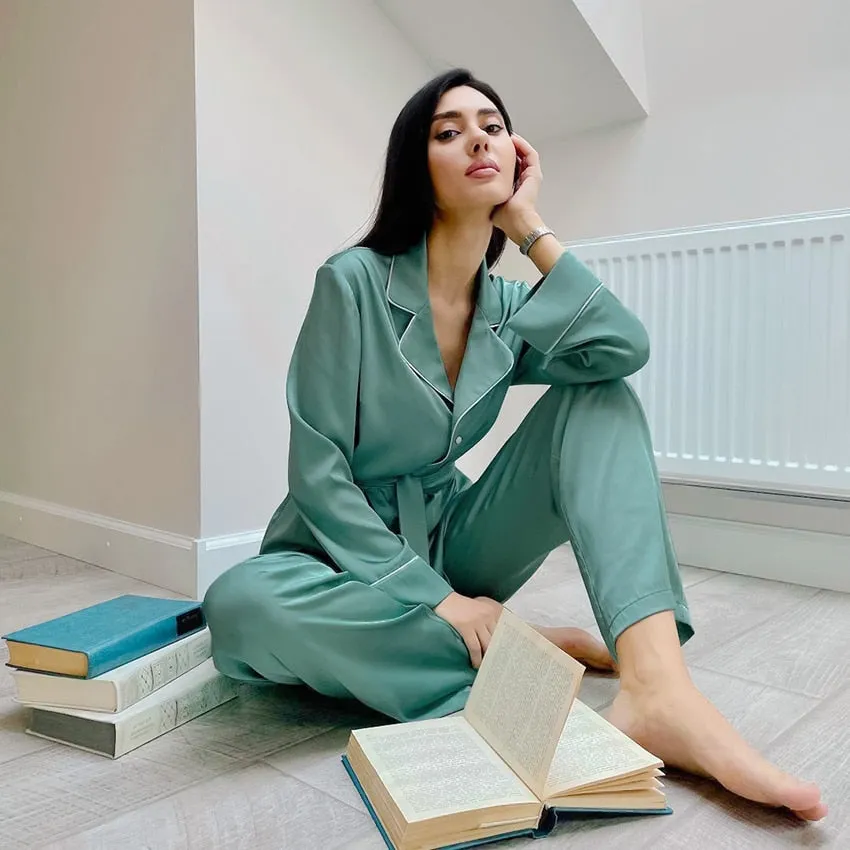 Hiloc Turn Down Collar Trouser Suits Silk Pajamas For Women Sleepwear Elegant Home Pajama Sets Womens Outfits Satin Nightgowns