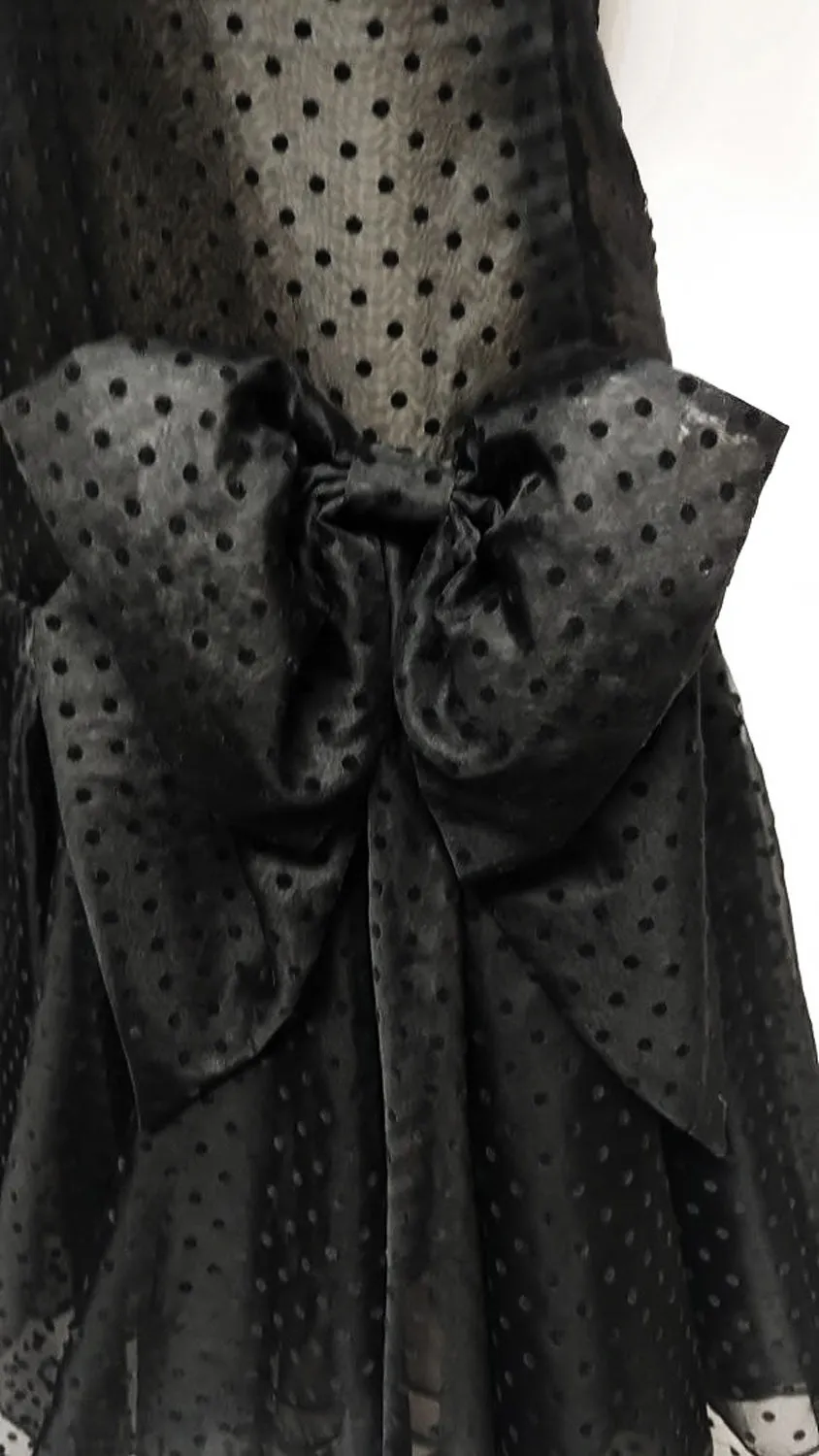 Vintage 1980s Albert Nipon Boutique Silk Velvety Flocked Swiss Dot Dress with Large Bow - New Old Stock