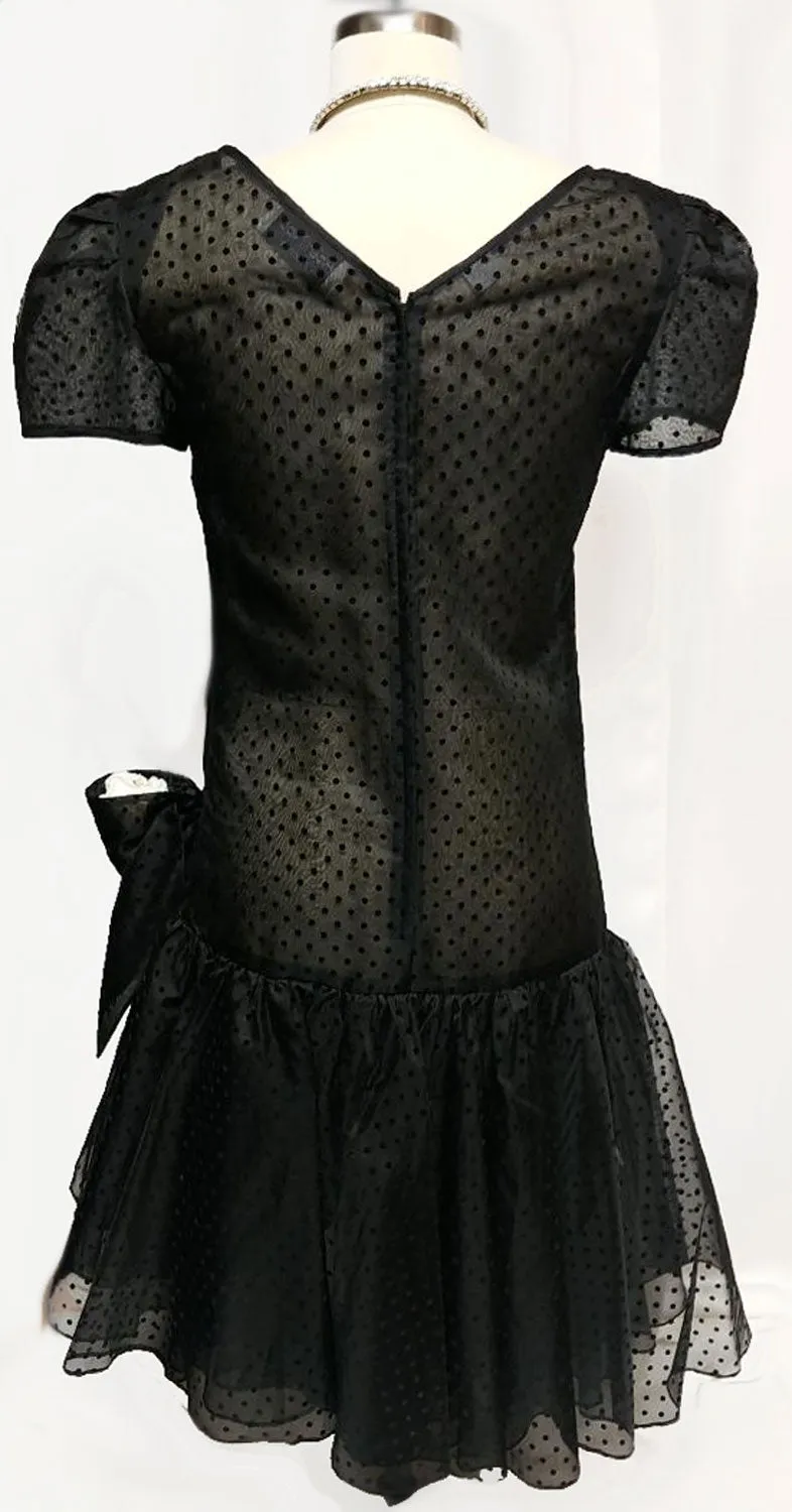 Vintage 1980s Albert Nipon Boutique Silk Velvety Flocked Swiss Dot Dress with Large Bow - New Old Stock