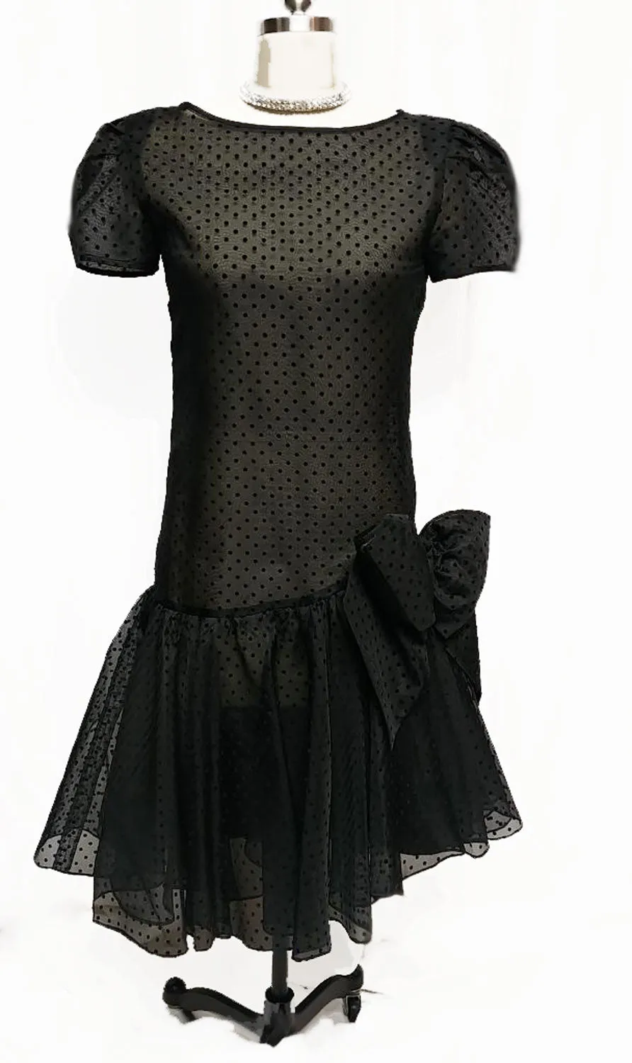 Vintage 1980s Albert Nipon Boutique Silk Velvety Flocked Swiss Dot Dress with Large Bow - New Old Stock