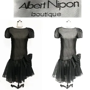 Vintage 1980s Albert Nipon Boutique Silk Velvety Flocked Swiss Dot Dress with Large Bow - New Old Stock