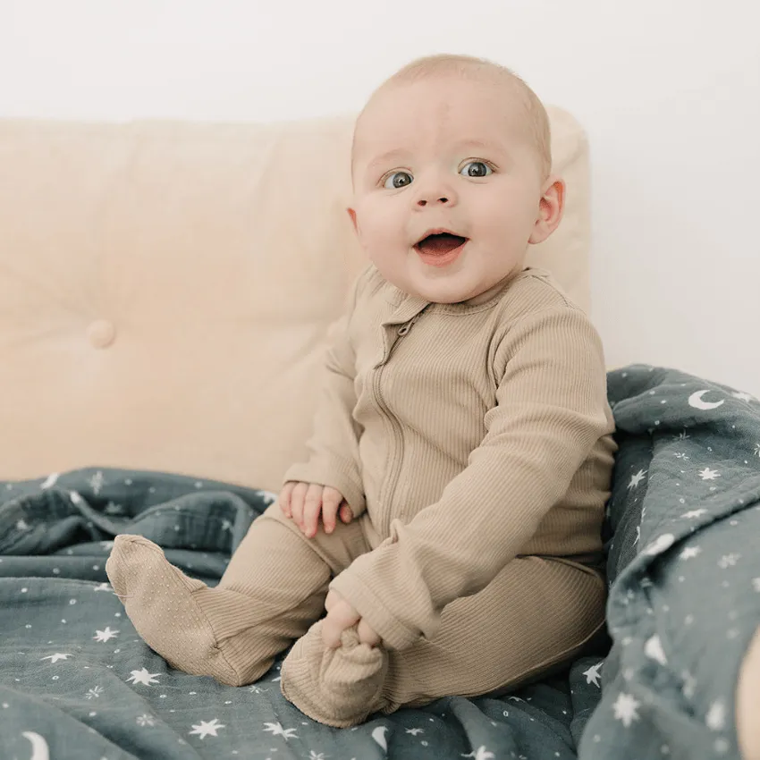 Organic Cotton Ribbed Footed One-Piece Zipper, Oatmeal