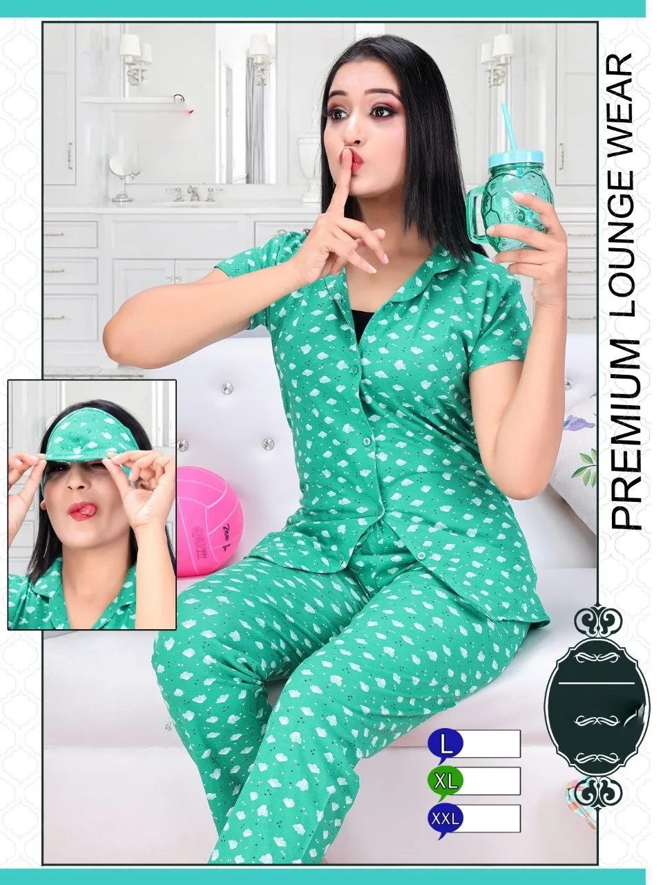 Printed Girls Green Cotton Night Suit Pajamas Set