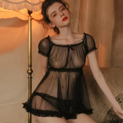 Sexy Sleepwear Summer Thin Section Tulle One-shoulder Short Skirt Temptation Home Service Nightgown Night Dress Nightgowns Women