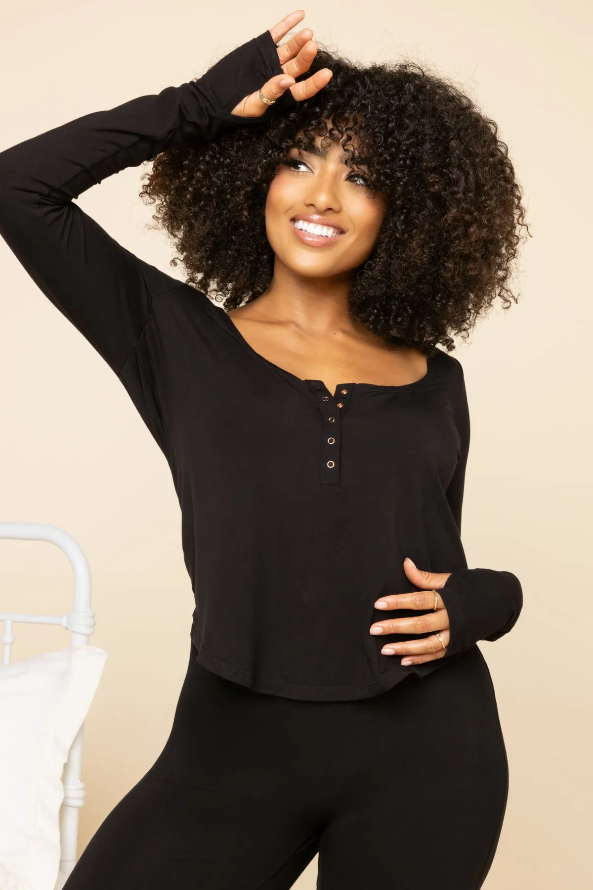 Sleep Tight Long Sleeve Henley - Black