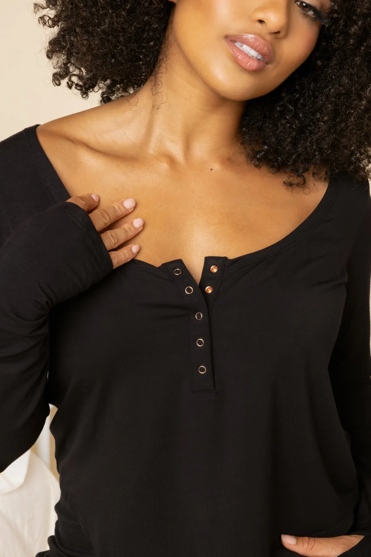 Sleep Tight Long Sleeve Henley - Black