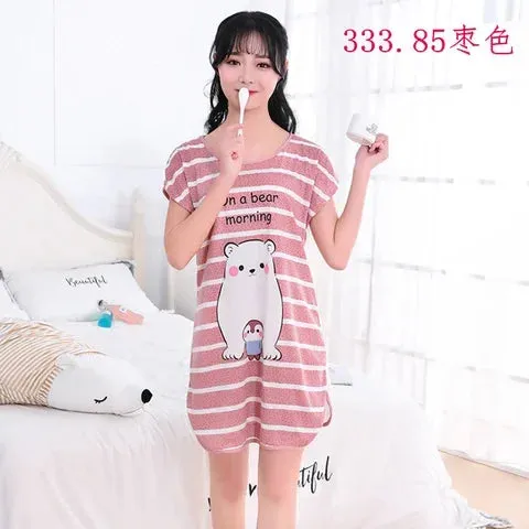 Summer Cartoon Nightdress Ladies Milk Silk Double-sided Printing Cute Nightdress Women's Nightgown Sleepwear Night Wear