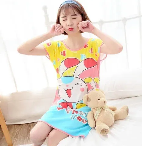 Summer Cartoon Nightdress Ladies Milk Silk Double-sided Printing Cute Nightdress Women's Nightgown Sleepwear Night Wear