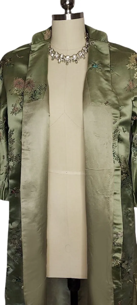 VINTAGE 50S 60S DYNASTY SILK SATIN DRESSING GOWN ROBE JADE WITH CRANES AND BUTTERFLIES MADE IN HONG KONG BRITISH CROWN COLONY