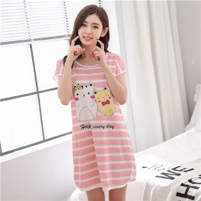 Wenkouban Summer Cartoon Nightdress Ladies Milk Silk Double-Sided Printing Cute Nightdress Women's Nightgown Sleepwear Night Wear