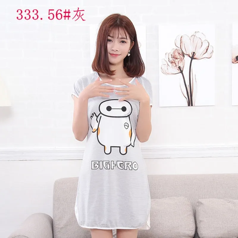 Wenkouban Summer Cartoon Nightdress Ladies Milk Silk Double-Sided Printing Cute Nightdress Women's Nightgown Sleepwear Night Wear