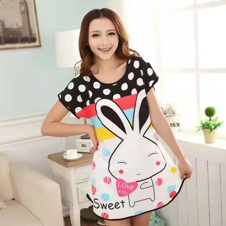 Wenkouban Summer Cartoon Nightdress Ladies Milk Silk Double-Sided Printing Cute Nightdress Women's Nightgown Sleepwear Night Wear