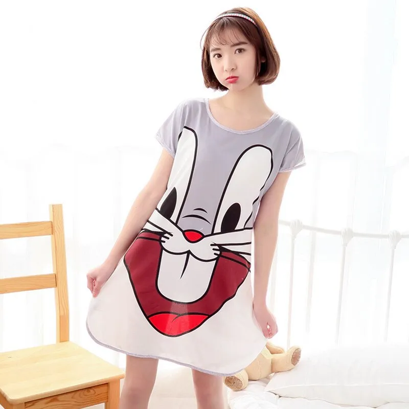 Wenkouban Summer Cartoon Nightdress Ladies Milk Silk Double-Sided Printing Cute Nightdress Women's Nightgown Sleepwear Night Wear