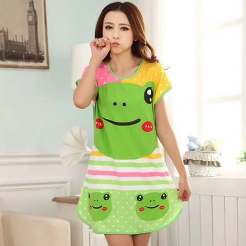 Wenkouban Summer Cartoon Nightdress Ladies Milk Silk Double-Sided Printing Cute Nightdress Women's Nightgown Sleepwear Night Wear
