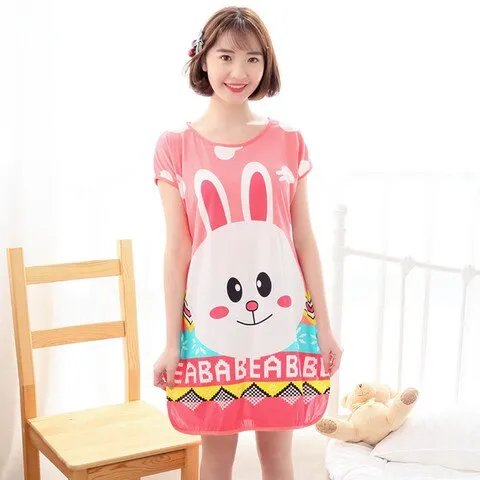 Wenkouban Summer Cartoon Nightdress Ladies Milk Silk Double-Sided Printing Cute Nightdress Women's Nightgown Sleepwear Night Wear