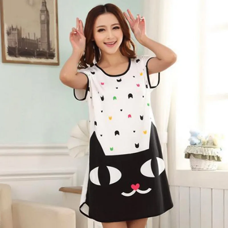 Wenkouban Summer Cartoon Nightdress Ladies Milk Silk Double-Sided Printing Cute Nightdress Women's Nightgown Sleepwear Night Wear