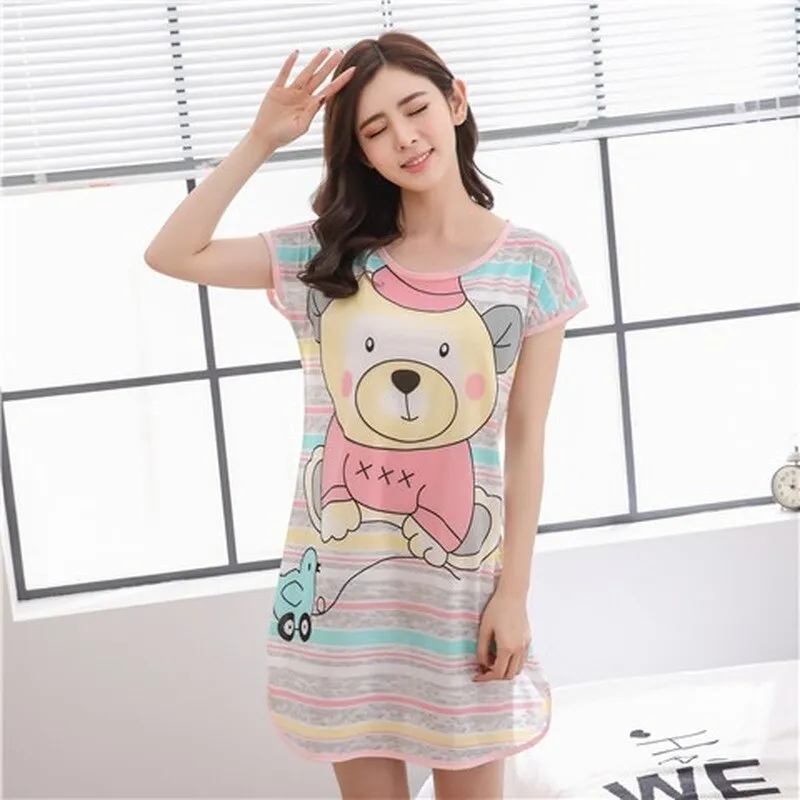 Wenkouban Summer Cartoon Nightdress Ladies Milk Silk Double-Sided Printing Cute Nightdress Women's Nightgown Sleepwear Night Wear