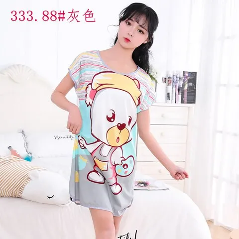 Wenkouban Summer Cartoon Nightdress Ladies Milk Silk Double-Sided Printing Cute Nightdress Women's Nightgown Sleepwear Night Wear