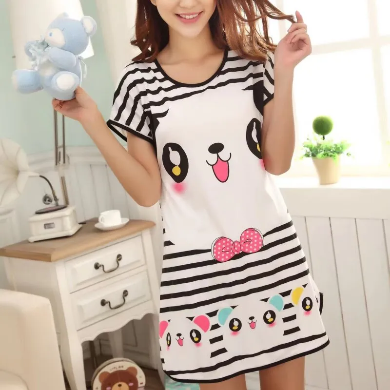 Wenkouban Summer Cartoon Nightdress Ladies Milk Silk Double-Sided Printing Cute Nightdress Women's Nightgown Sleepwear Night Wear