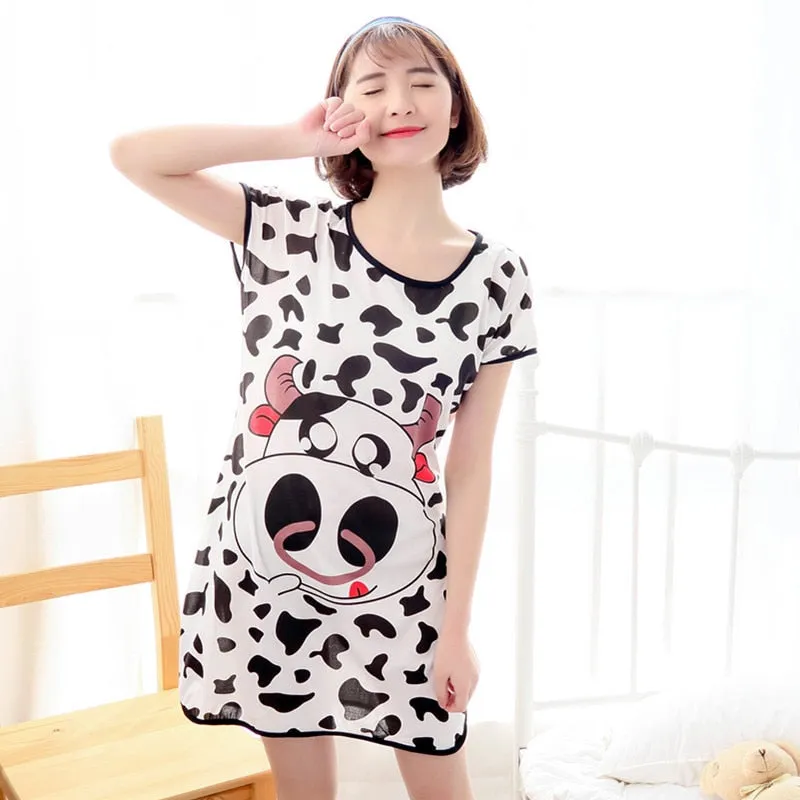 Wenkouban Summer Cartoon Nightdress Ladies Milk Silk Double-Sided Printing Cute Nightdress Women's Nightgown Sleepwear Night Wear