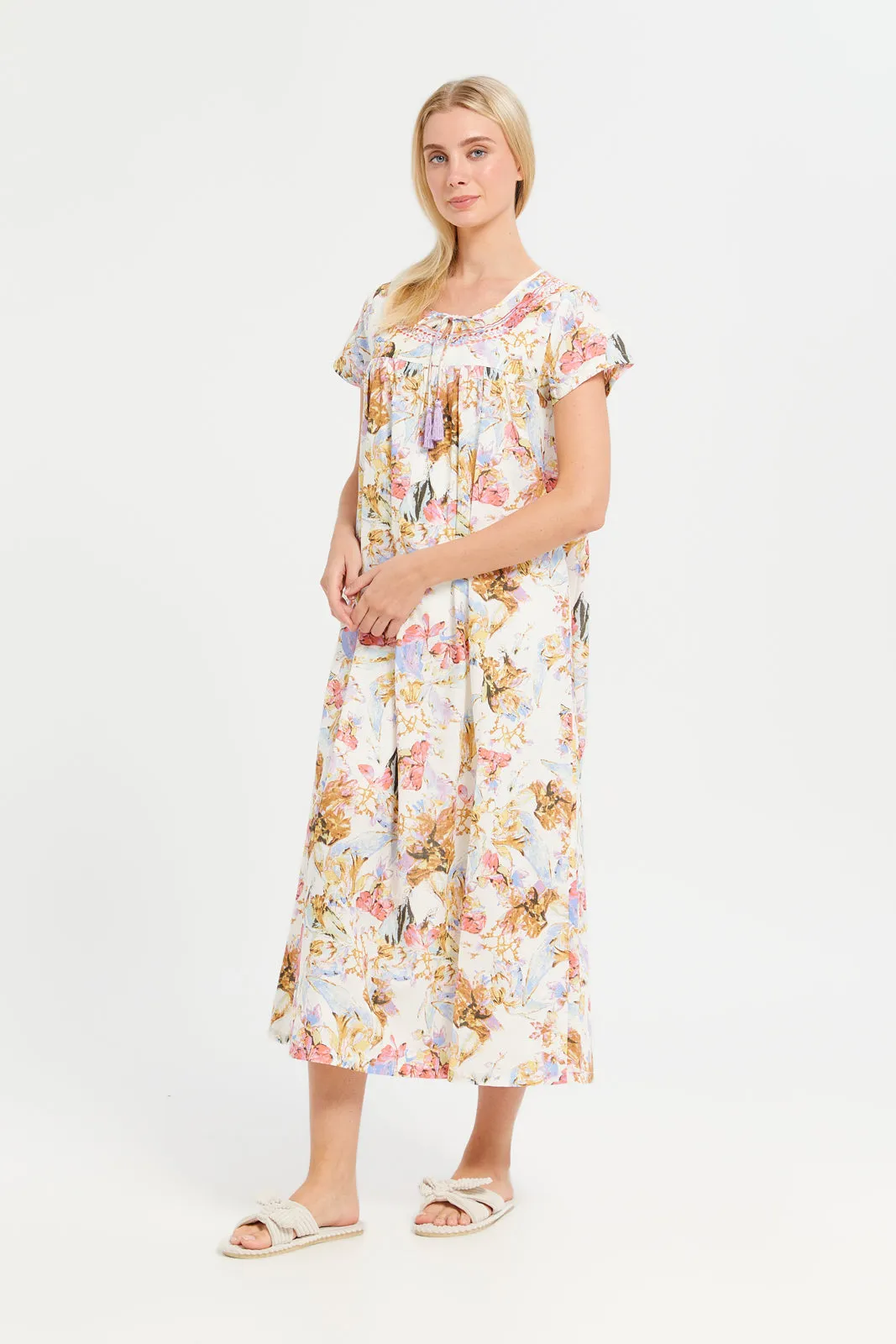 Women Assorted Floral Print Embroidery Nightgown