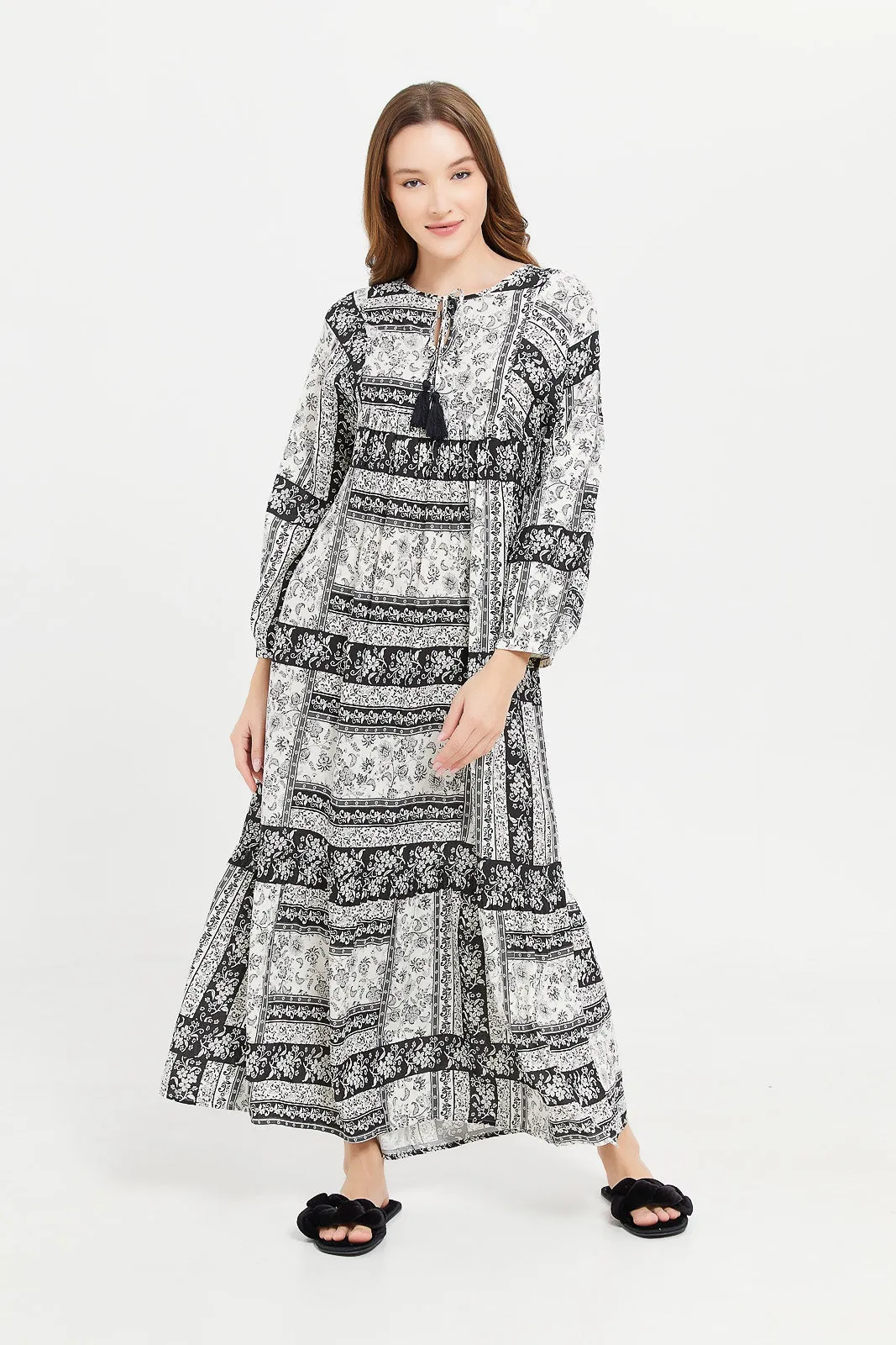 Women Black Printed Long Sleeves Nightgown