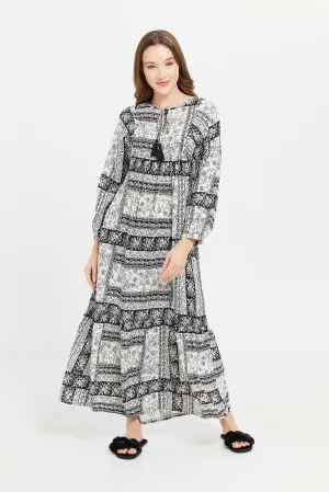 Women Black Printed Long Sleeves Nightgown