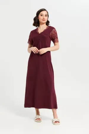 Women Burgundy Lace Knit Nightgown