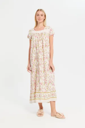 Women Ivory Printed Border Nightgown