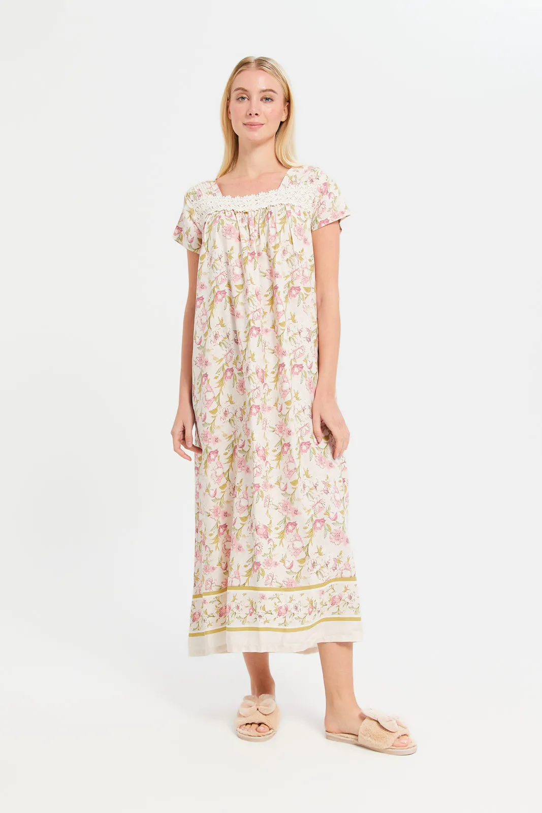 Women Ivory Printed Border Nightgown