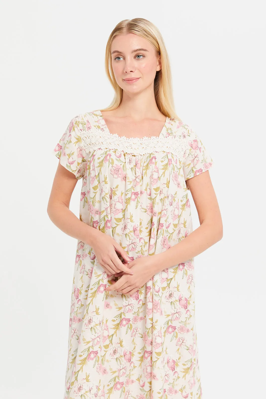 Women Ivory Printed Border Nightgown