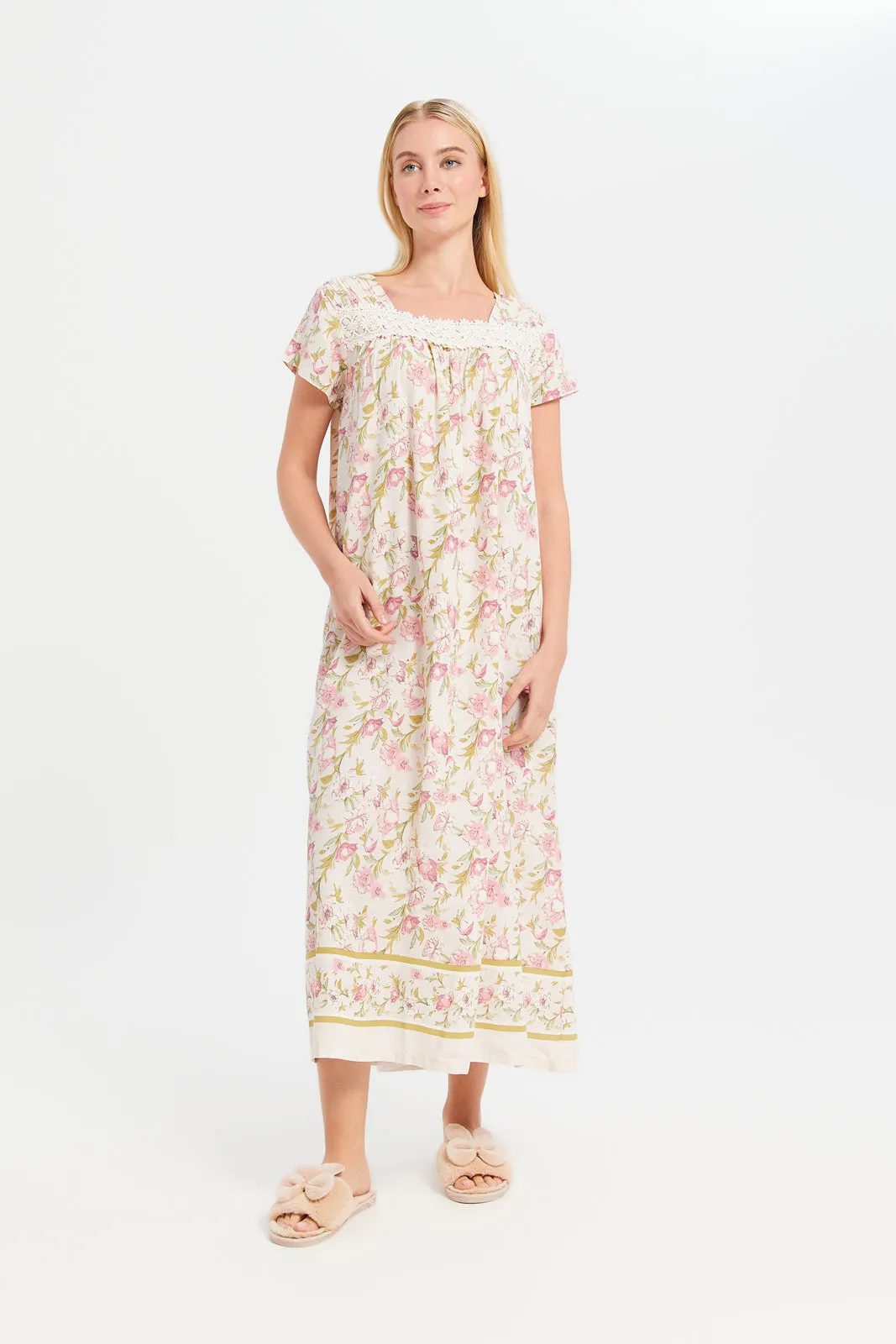 Women Ivory Printed Border Nightgown