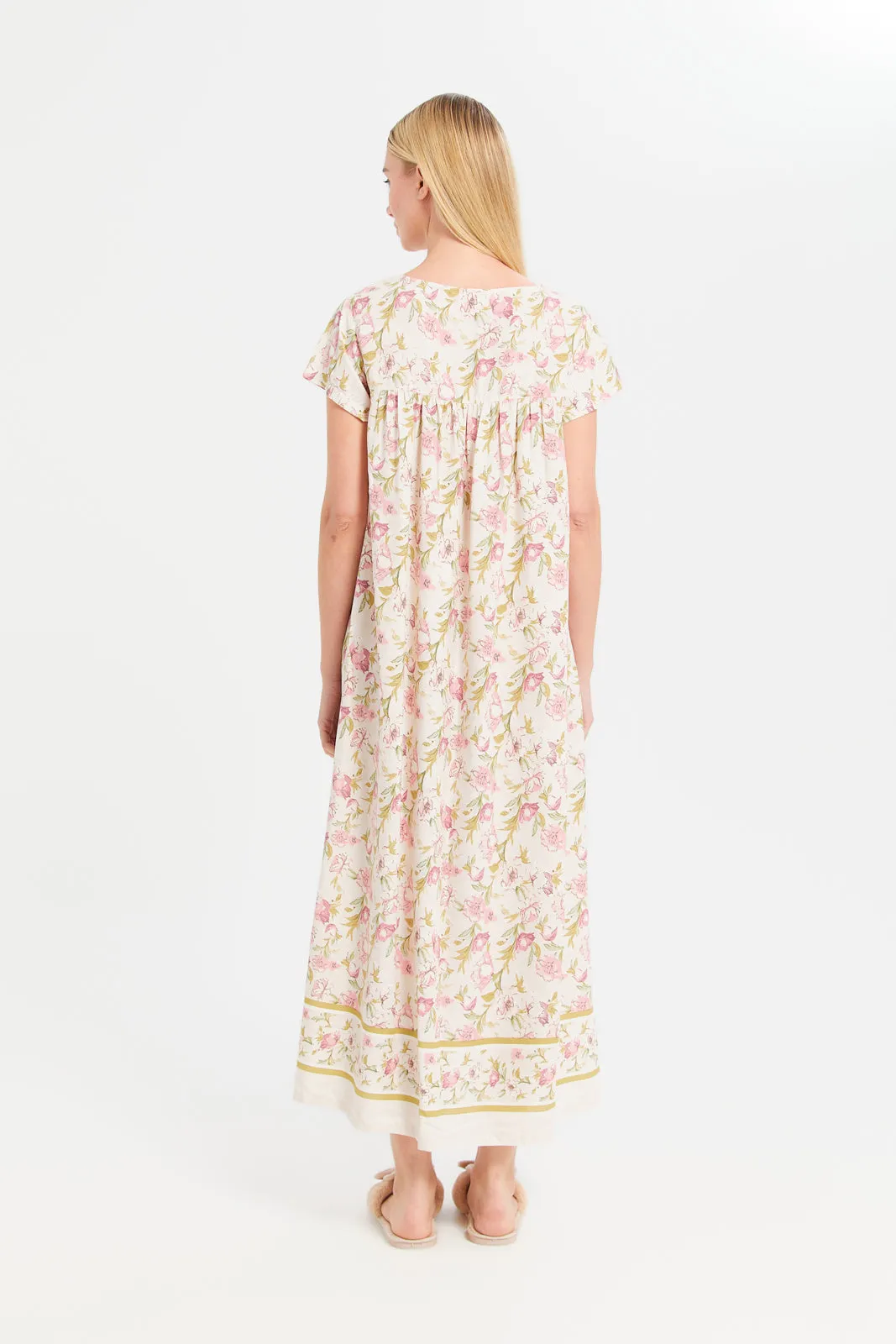 Women Ivory Printed Border Nightgown