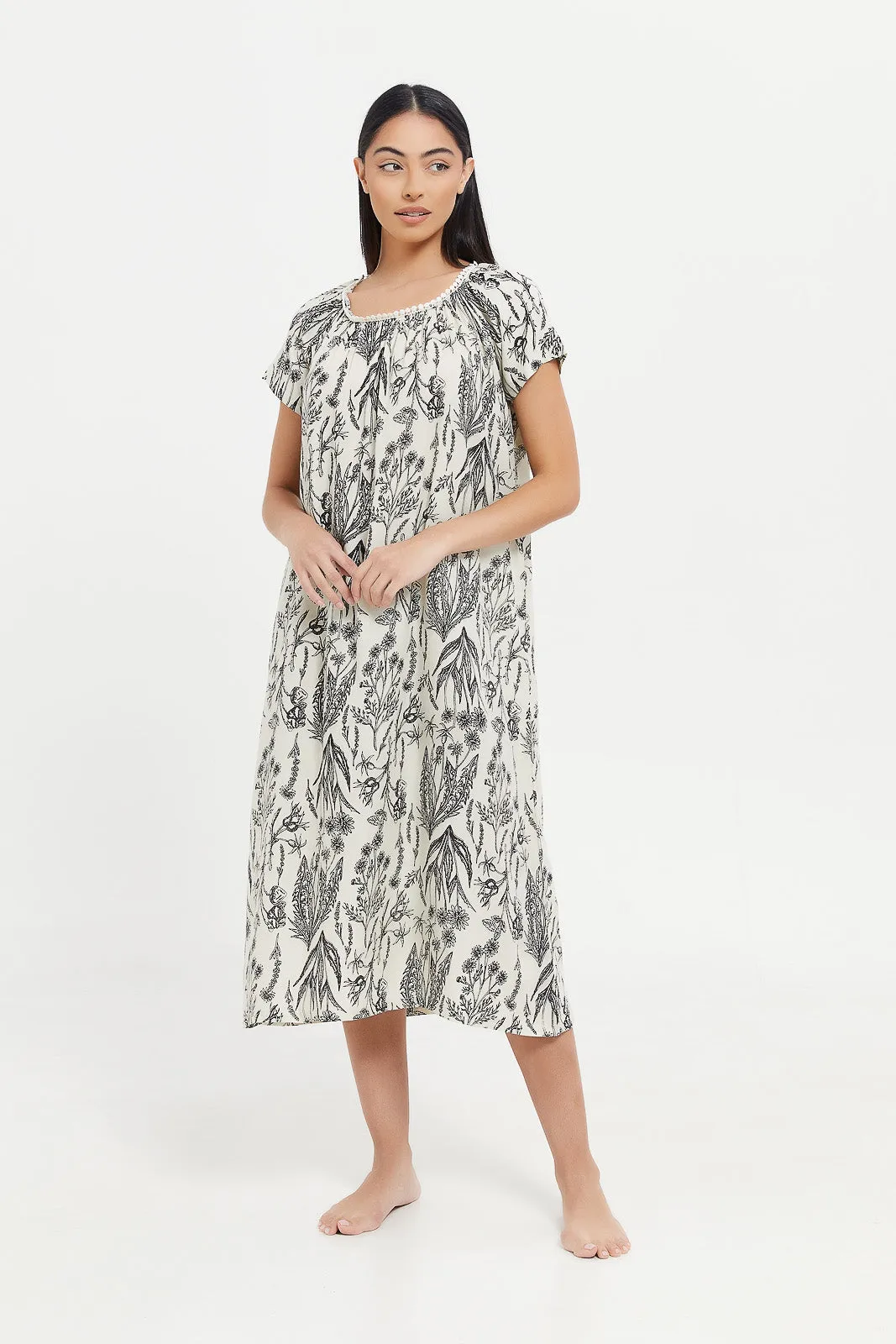 Women Ivory Printed Nightgown