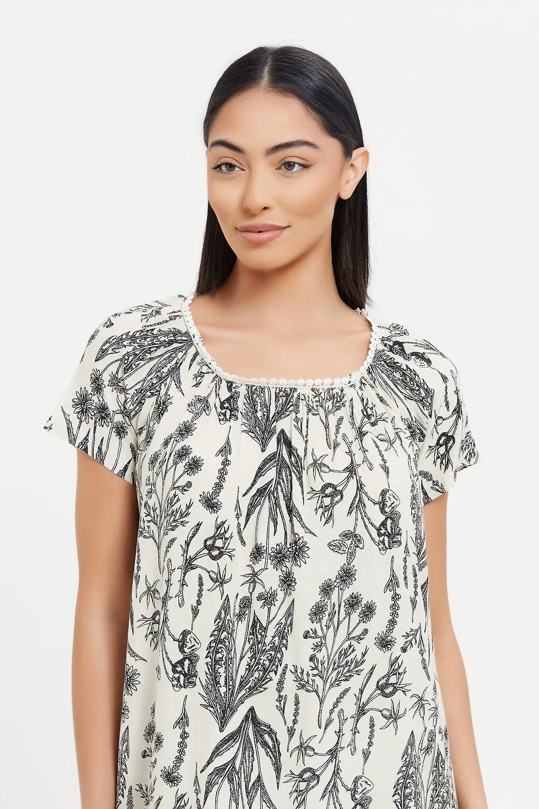 Women Ivory Printed Nightgown