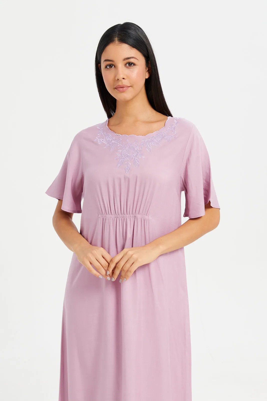 Women Mauve Ruched Plain Nightgown