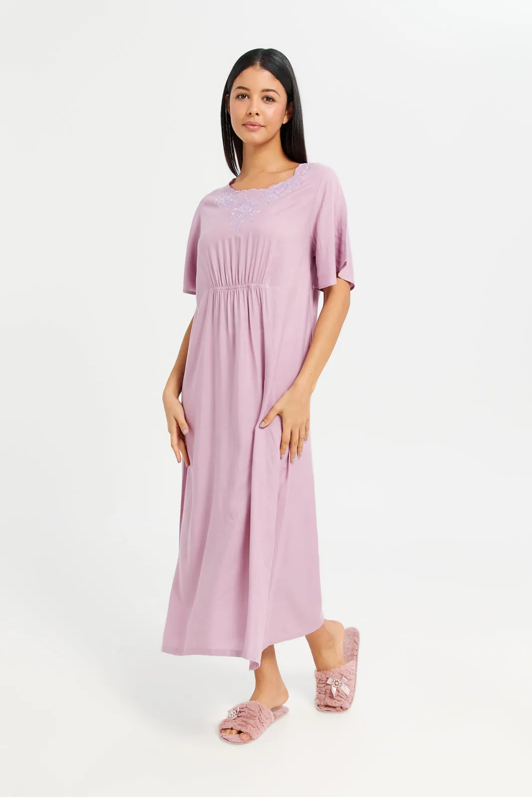Women Mauve Ruched Plain Nightgown