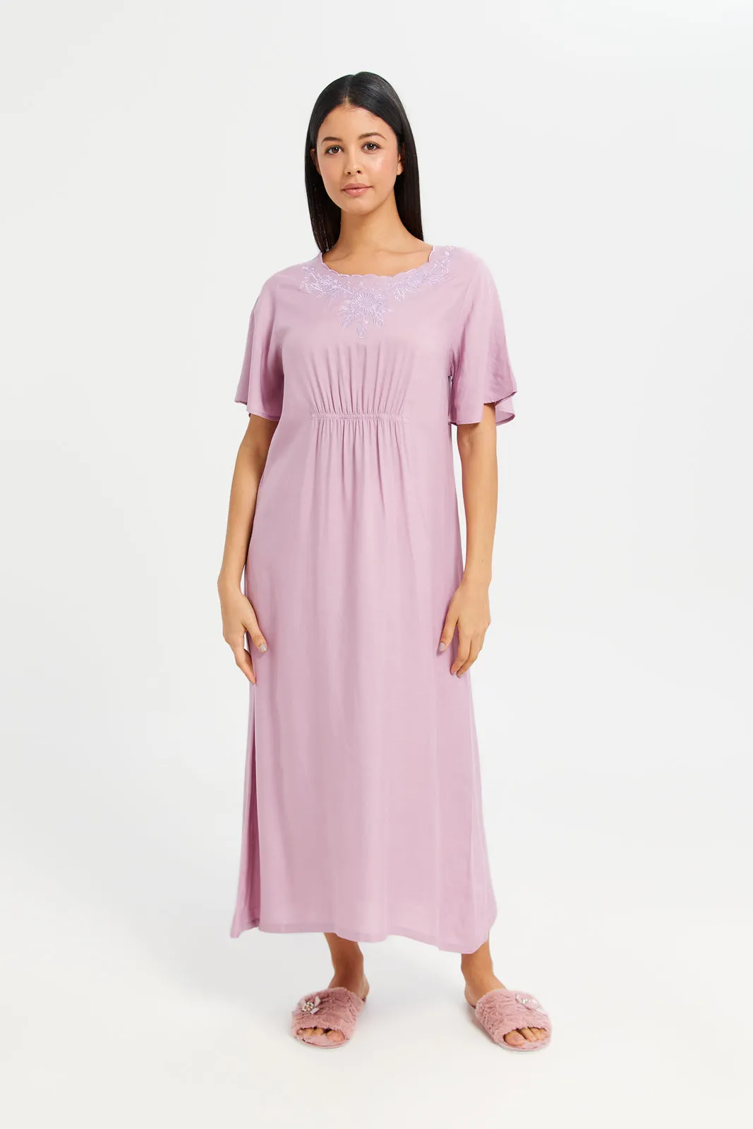 Women Mauve Ruched Plain Nightgown